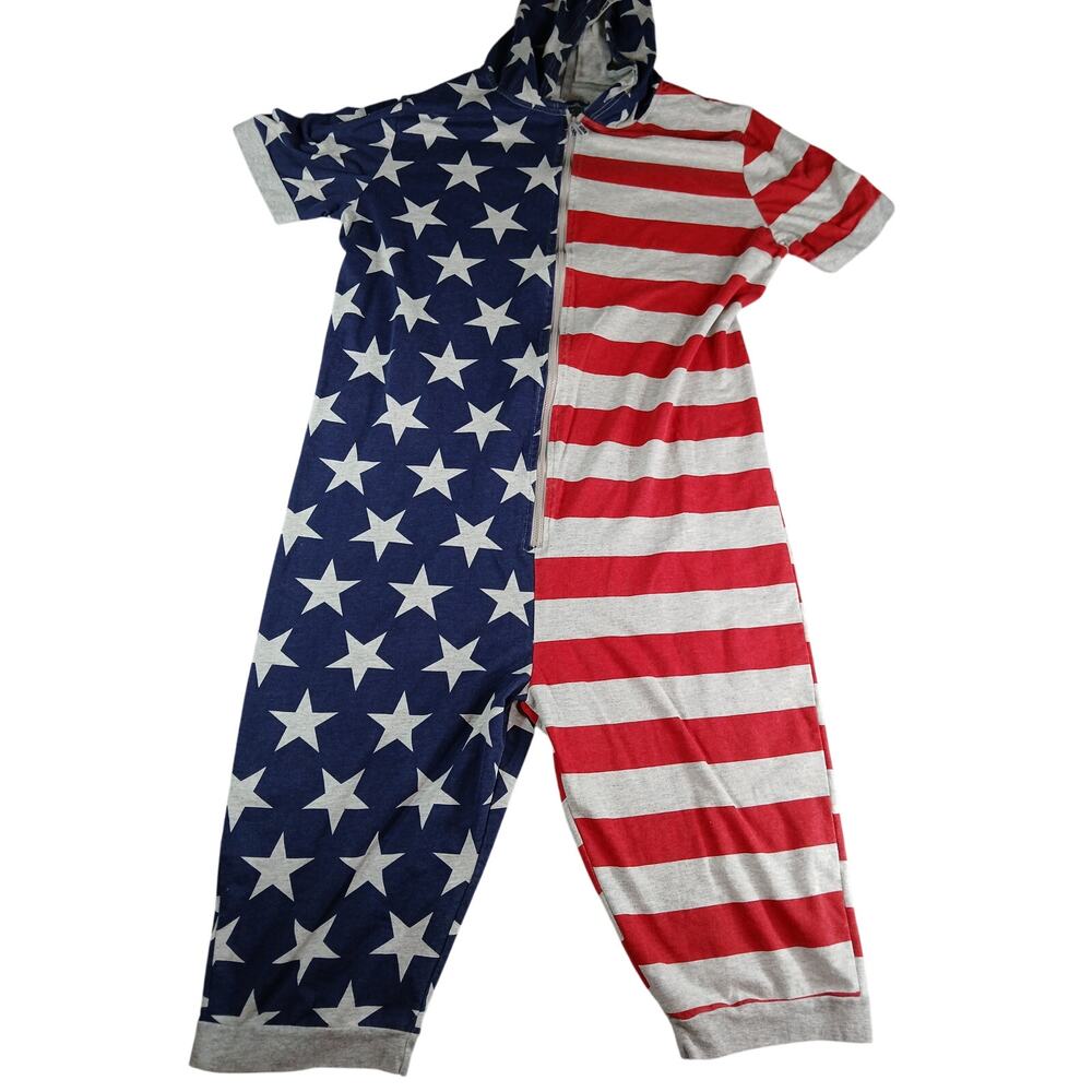 Under Disguise American Flag Romper Womens 2X/3X Blue Pajama One Piece Hood